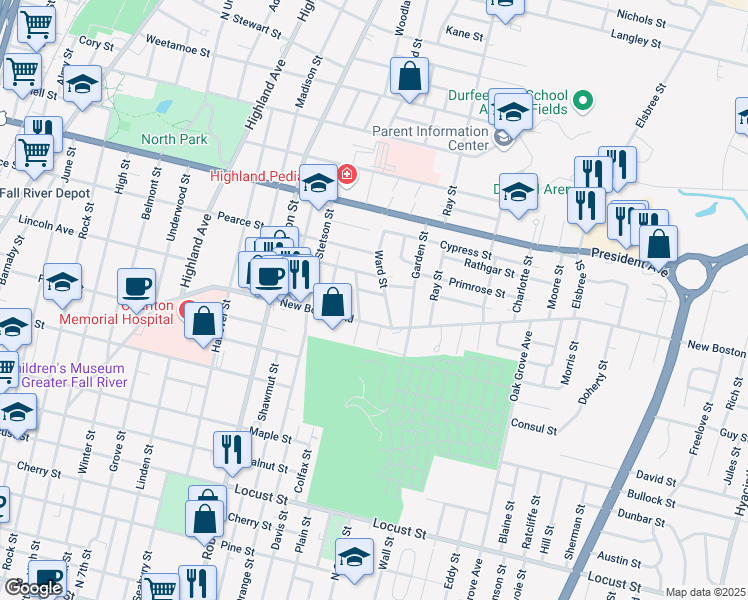 map of restaurants, bars, coffee shops, grocery stores, and more near 41 Rosedale St in Fall River