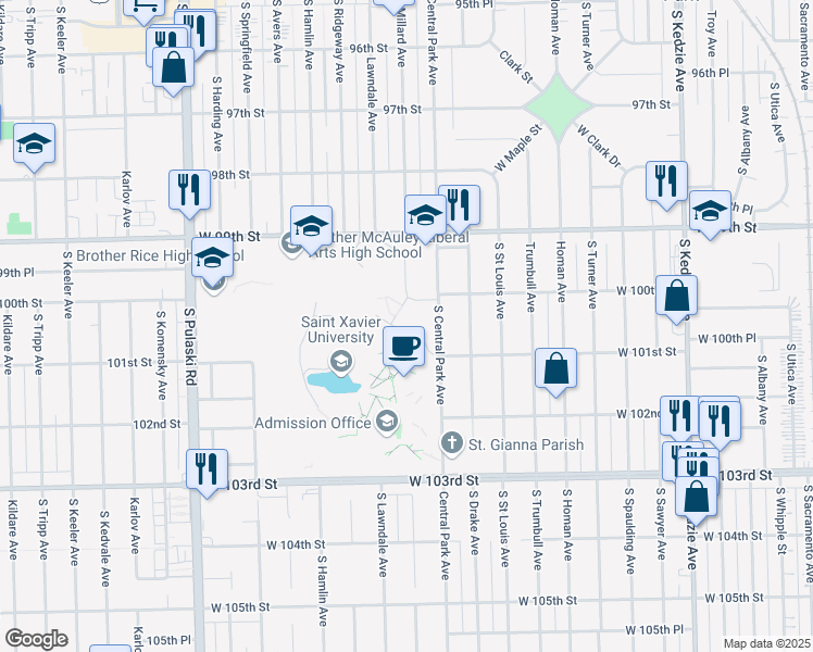 map of restaurants, bars, coffee shops, grocery stores, and more near 3618 West 103rd Street in Chicago