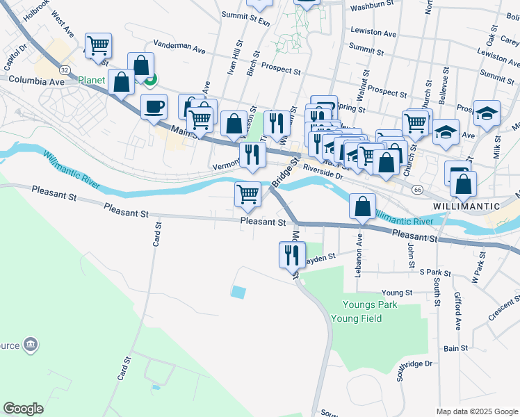 map of restaurants, bars, coffee shops, grocery stores, and more near 116 Bridge Street in Windham