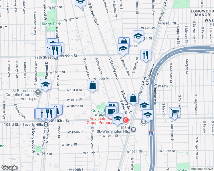 map of restaurants, bars, coffee shops, grocery stores, and more near 10029 South Charles Street in Chicago