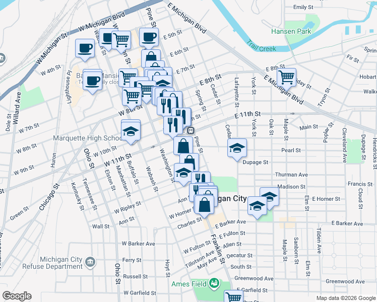 map of restaurants, bars, coffee shops, grocery stores, and more near 109 Detroit Street in Michigan City