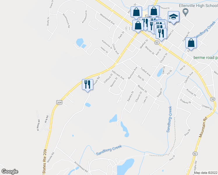 map of restaurants, bars, coffee shops, grocery stores, and more near 19 Nevins Street in Ellenville