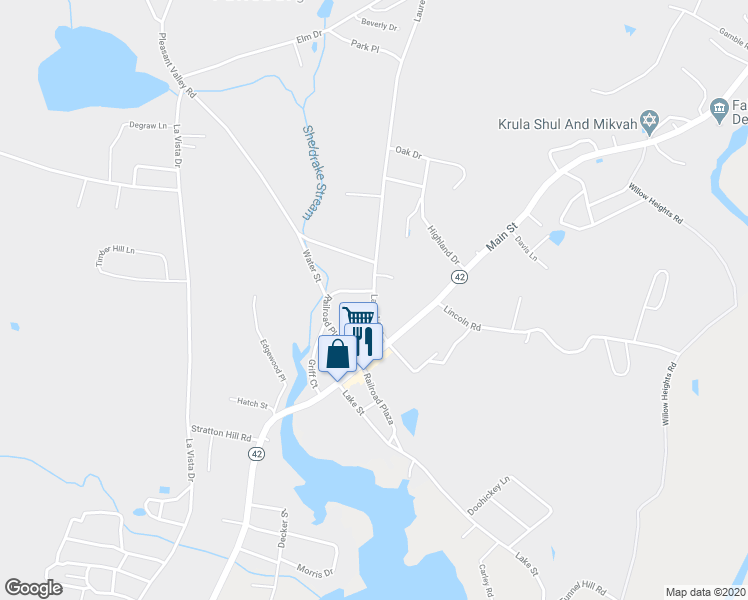 map of restaurants, bars, coffee shops, grocery stores, and more near 25 Laurel Avenue in South Fallsburg