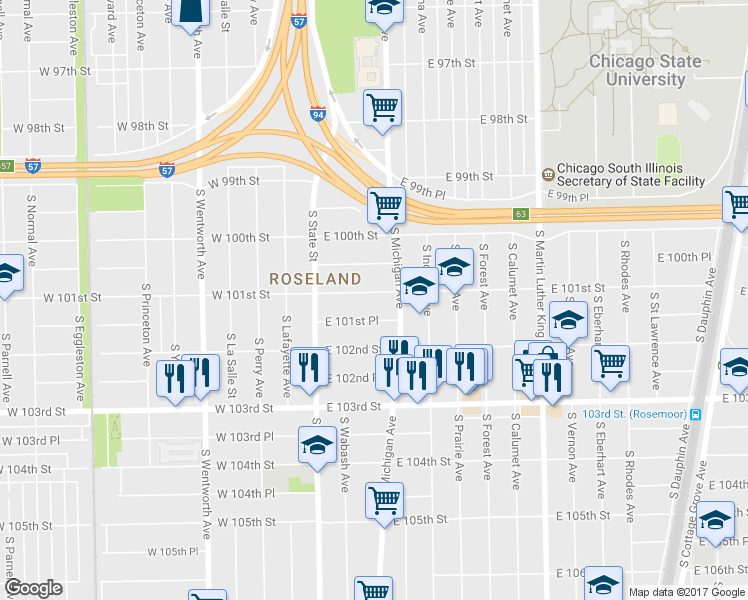 map of restaurants, bars, coffee shops, grocery stores, and more near 65 East 101st Street in Chicago
