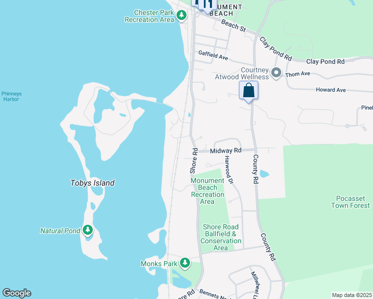 map of restaurants, bars, coffee shops, grocery stores, and more near 566 Shore Road in Bourne