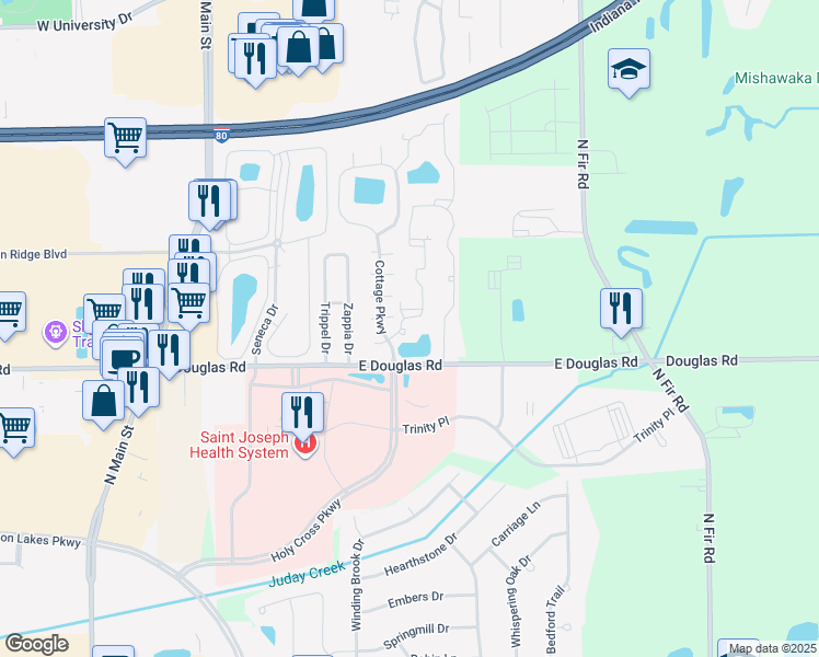 map of restaurants, bars, coffee shops, grocery stores, and more near 5510 Getty Court in Granger