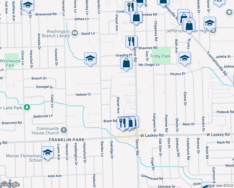 map of restaurants, bars, coffee shops, grocery stores, and more near 3406 Planet Avenue in Toledo