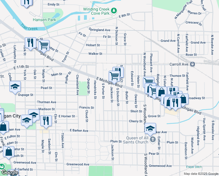 map of restaurants, bars, coffee shops, grocery stores, and more near 109 Jackson Street in Michigan City