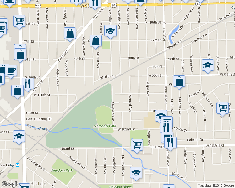 map of restaurants, bars, coffee shops, grocery stores, and more near 5833 West 100th Street in Oak Lawn