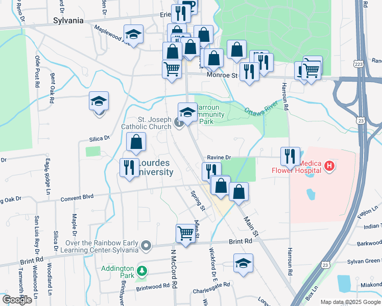 map of restaurants, bars, coffee shops, grocery stores, and more near 5321 Main Street in Sylvania