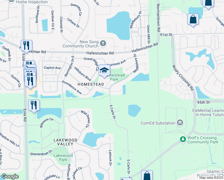 map of restaurants, bars, coffee shops, grocery stores, and more near 2372 Middlebury Drive in Aurora