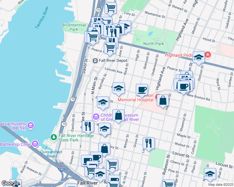 map of restaurants, bars, coffee shops, grocery stores, and more near 660 Rock Street in Fall River