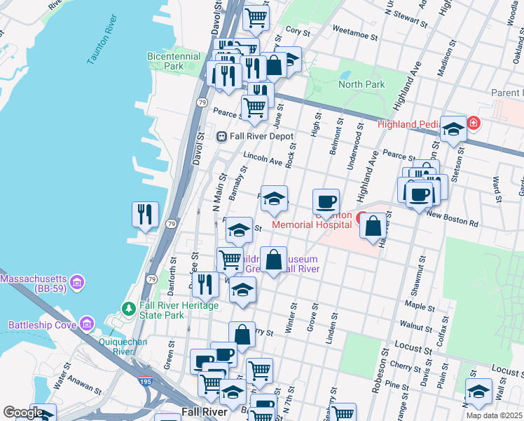map of restaurants, bars, coffee shops, grocery stores, and more near 660 Rock Street in Fall River