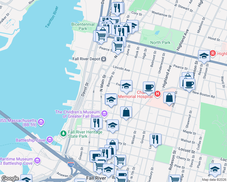 map of restaurants, bars, coffee shops, grocery stores, and more near in Fall River