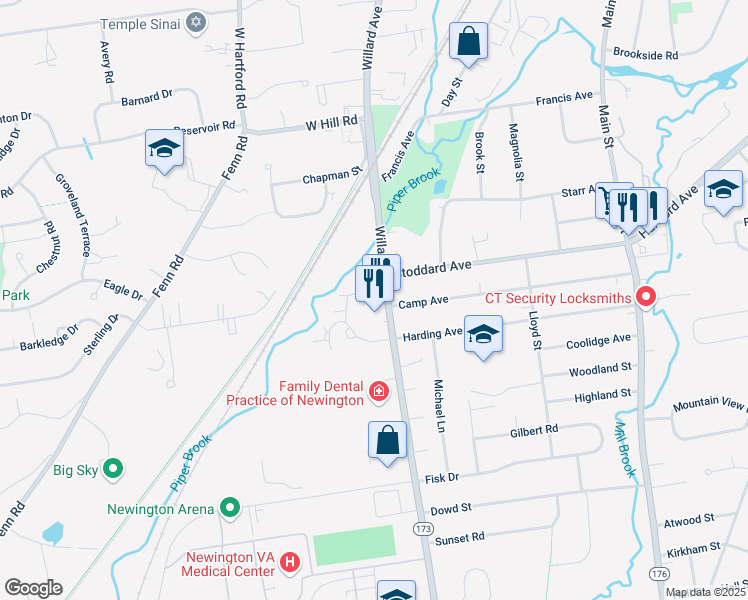 map of restaurants, bars, coffee shops, grocery stores, and more near in Newington
