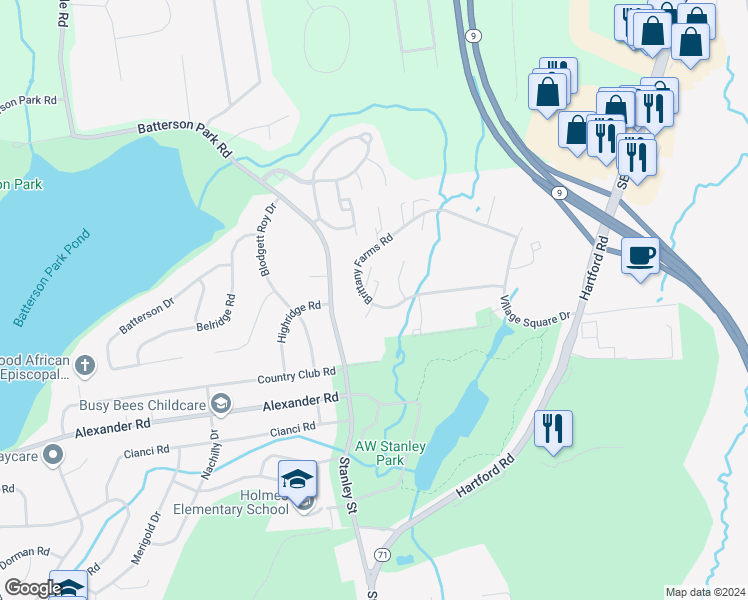 map of restaurants, bars, coffee shops, grocery stores, and more near 135 Brittany Farms Road in New Britain