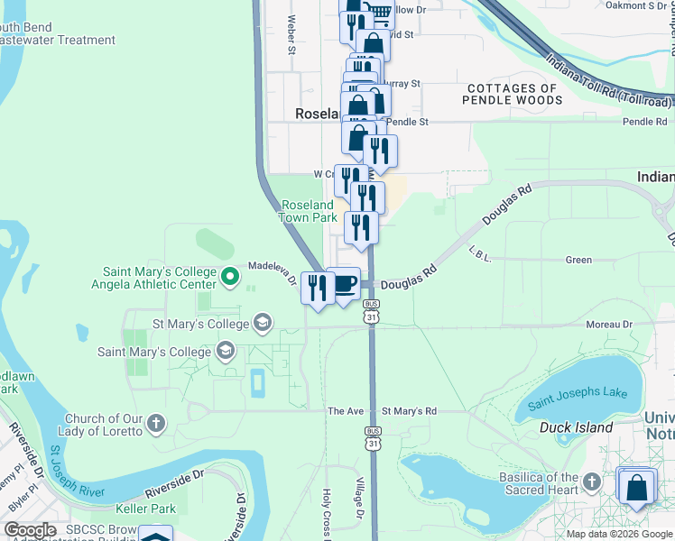 map of restaurants, bars, coffee shops, grocery stores, and more near 123 Dublin Street in South Bend