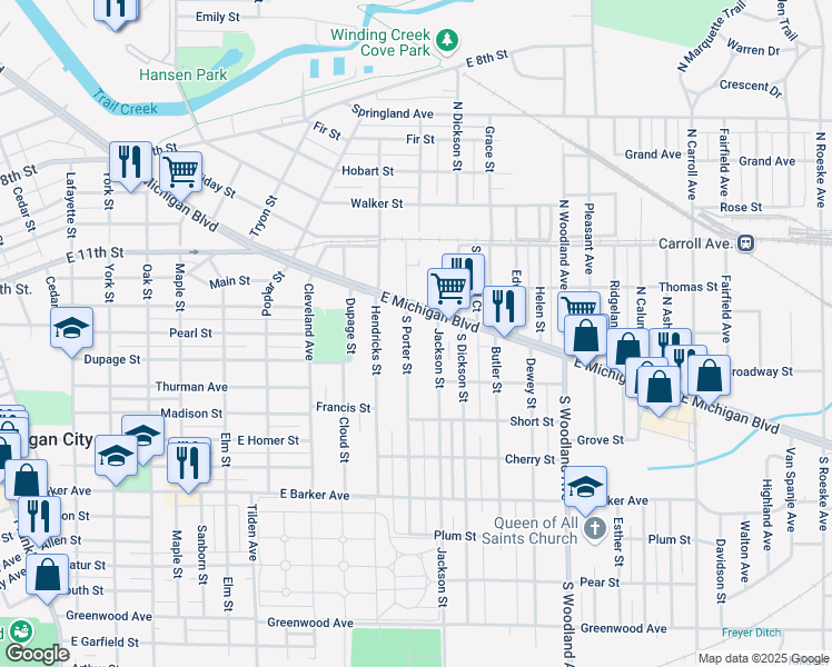 map of restaurants, bars, coffee shops, grocery stores, and more near 109 Jackson Street in Michigan City