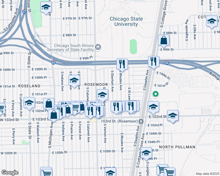 map of restaurants, bars, coffee shops, grocery stores, and more near 10112 South Eberhart Avenue in Chicago
