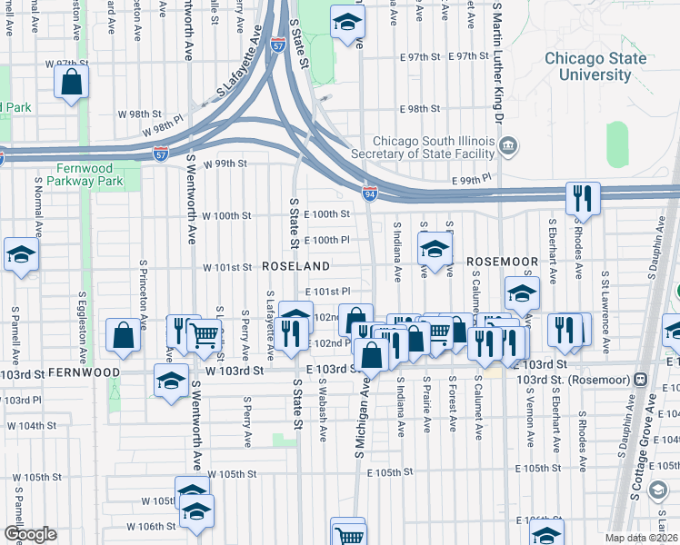 map of restaurants, bars, coffee shops, grocery stores, and more near 65 East 101st Street in Chicago