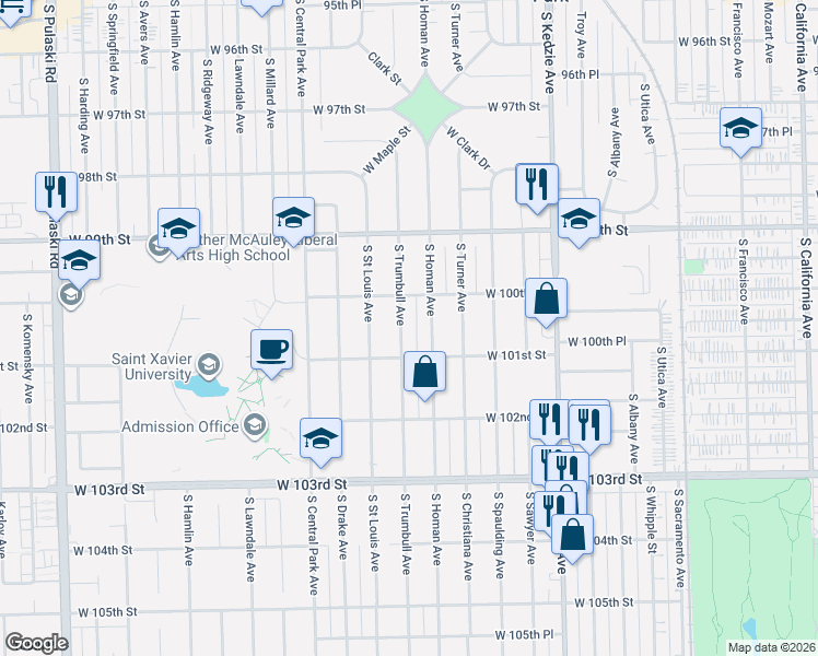 map of restaurants, bars, coffee shops, grocery stores, and more near 10036 South Trumbull Avenue in Evergreen Park
