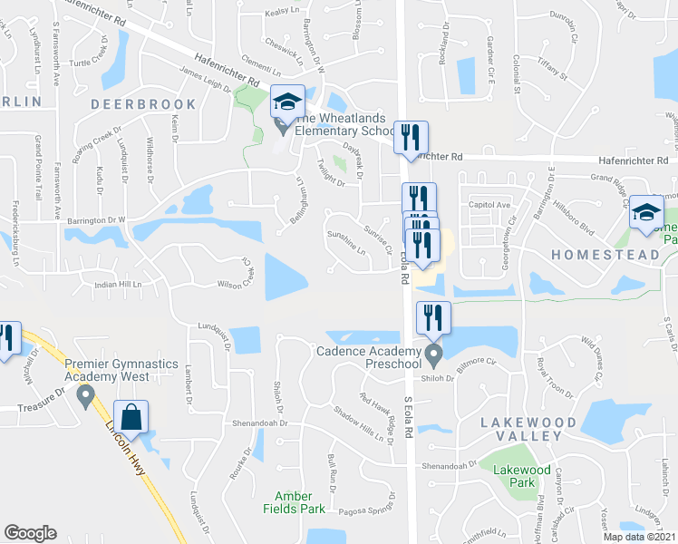 map of restaurants, bars, coffee shops, grocery stores, and more near 2337 Sunrise Circle in Aurora