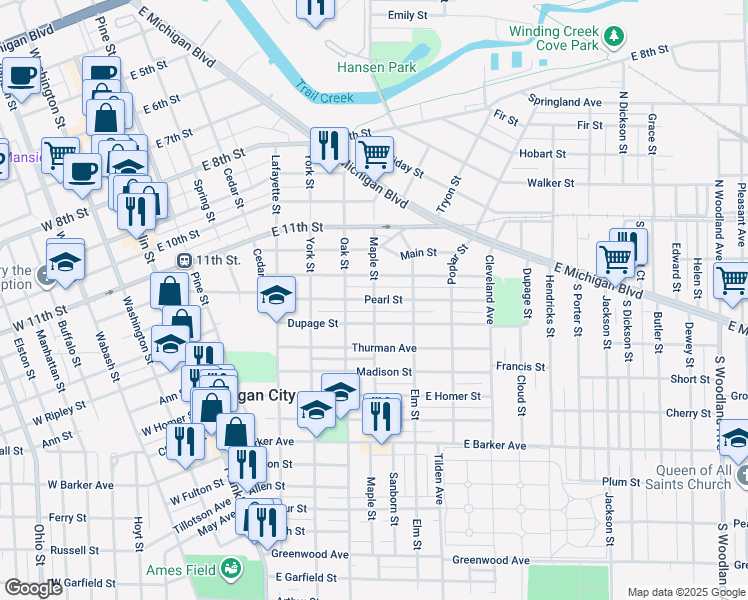 map of restaurants, bars, coffee shops, grocery stores, and more near 500 Maple Street in Michigan City