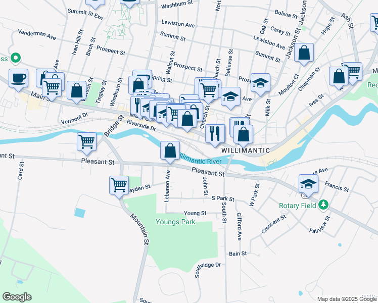 map of restaurants, bars, coffee shops, grocery stores, and more near 712 Main Street in Windham