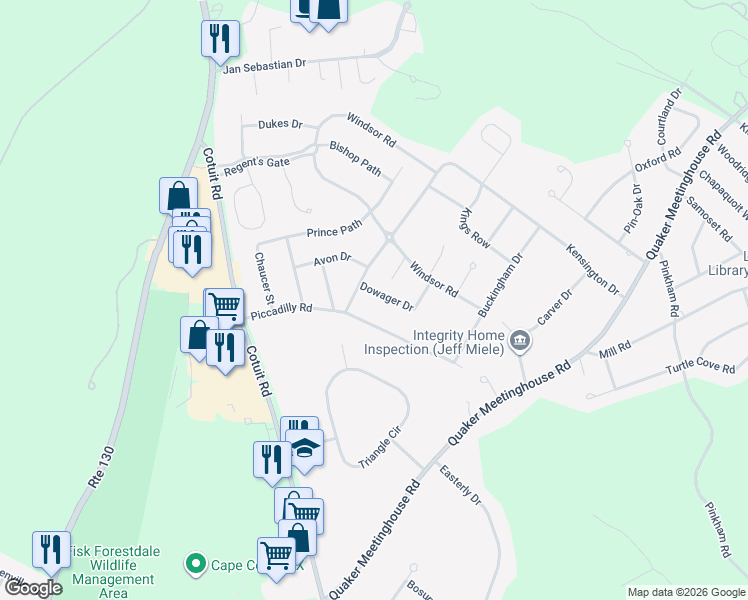 map of restaurants, bars, coffee shops, grocery stores, and more near 6 Queens Way in Sandwich
