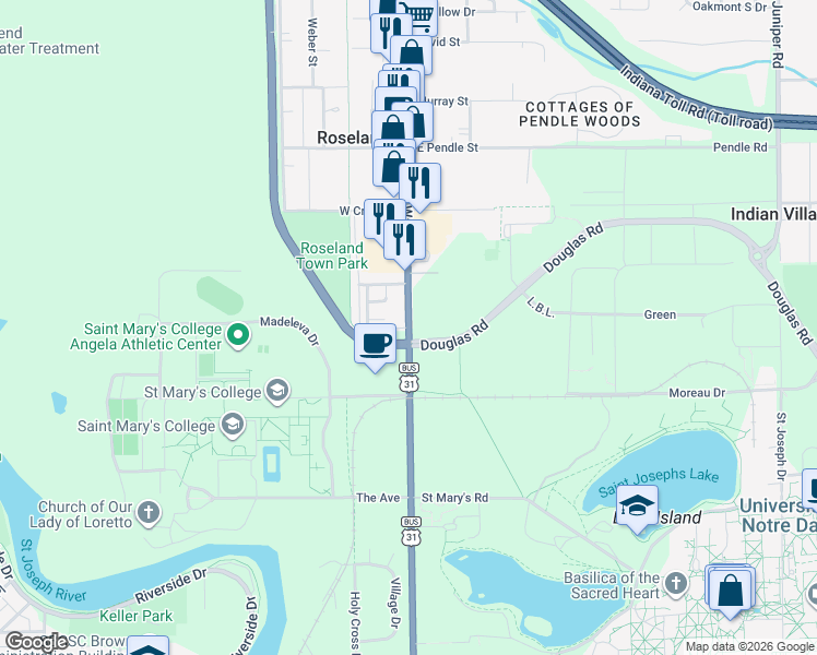 map of restaurants, bars, coffee shops, grocery stores, and more near 123 Dublin Street in South Bend