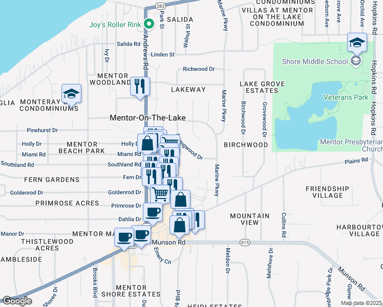 map of restaurants, bars, coffee shops, grocery stores, and more near 5927 Springwood Drive in Mentor-on-the-Lake