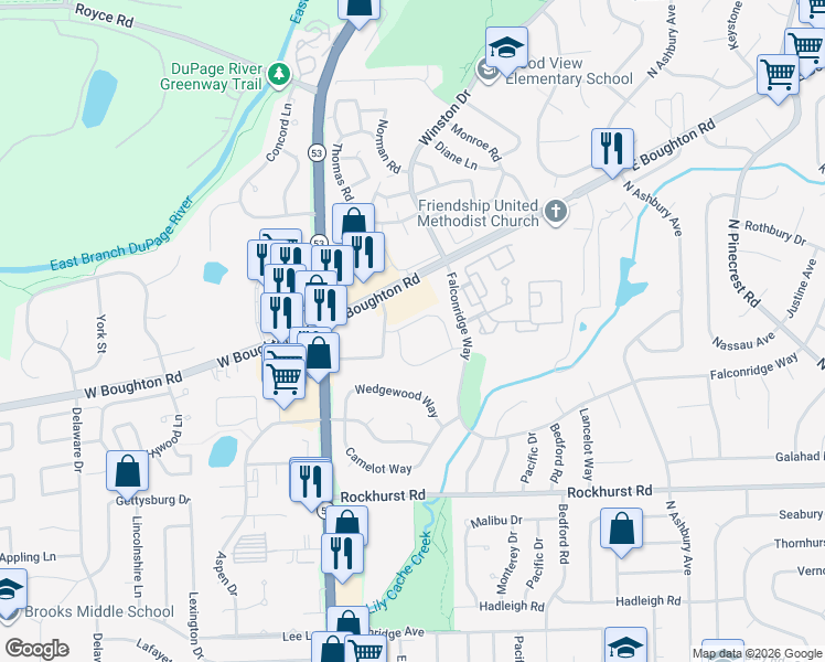 map of restaurants, bars, coffee shops, grocery stores, and more near 130 Barbers Corner Rd in Bolingbrook