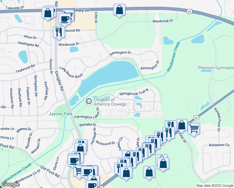 map of restaurants, bars, coffee shops, grocery stores, and more near 641 Springbrook Trail North in Oswego