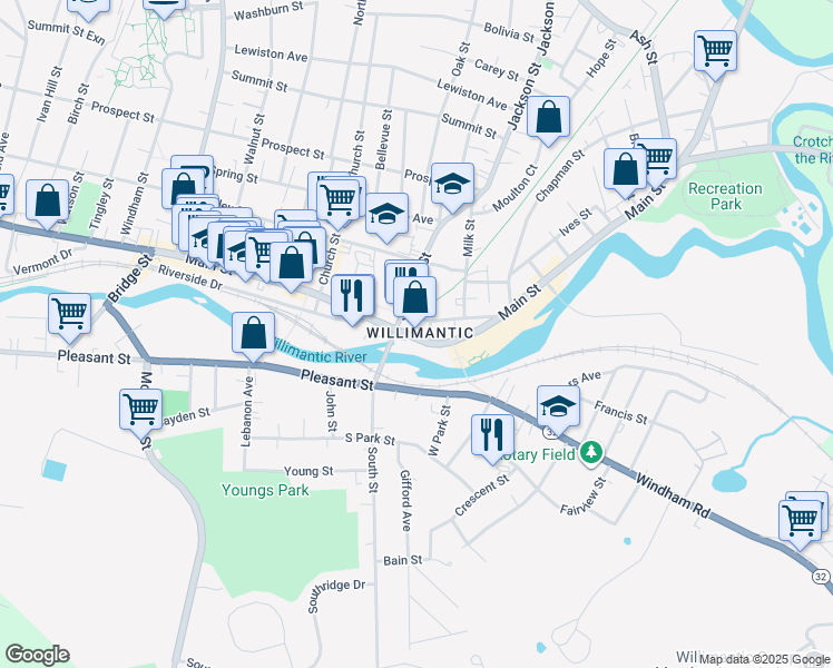 map of restaurants, bars, coffee shops, grocery stores, and more near 503 Main Street in Windham