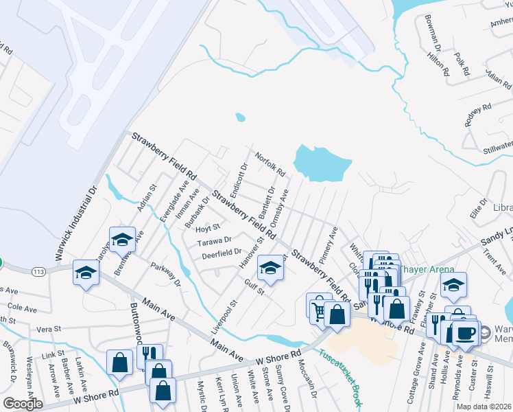 map of restaurants, bars, coffee shops, grocery stores, and more near 10 Largo Road in Warwick
