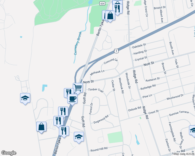 map of restaurants, bars, coffee shops, grocery stores, and more near 812 Nott Street in Wethersfield