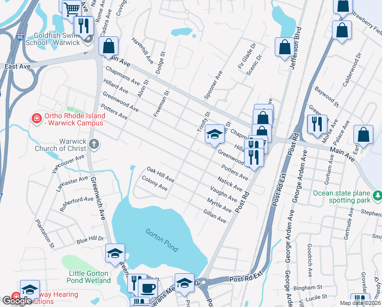 map of restaurants, bars, coffee shops, grocery stores, and more near 154 Potters Avenue in Warwick
