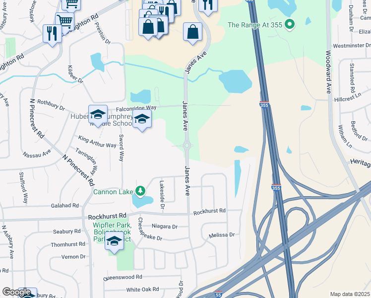 map of restaurants, bars, coffee shops, grocery stores, and more near 421 Janes Avenue in Bolingbrook