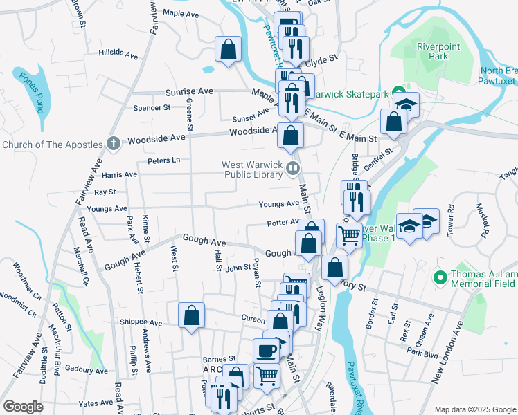 map of restaurants, bars, coffee shops, grocery stores, and more near 36 Youngs Avenue in West Warwick