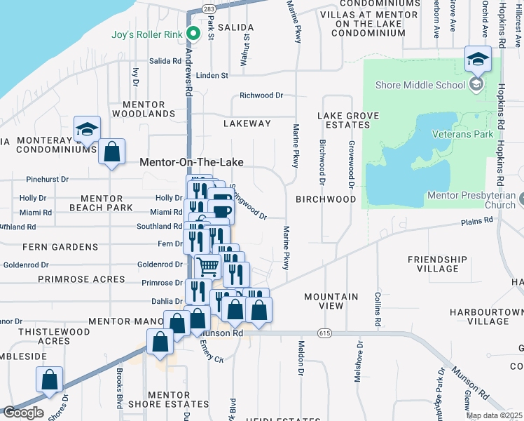 map of restaurants, bars, coffee shops, grocery stores, and more near 5927 Springwood Drive in Mentor-on-the-Lake