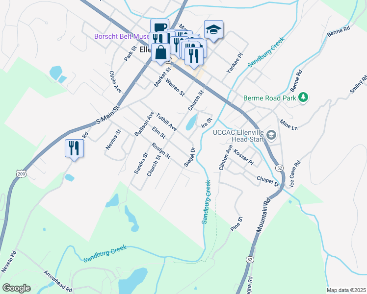 map of restaurants, bars, coffee shops, grocery stores, and more near 49 Elm Street in Ellenville