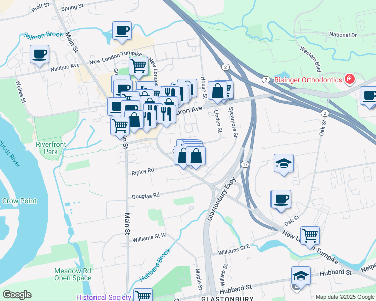 map of restaurants, bars, coffee shops, grocery stores, and more near 38 Clinton Street in Glastonbury
