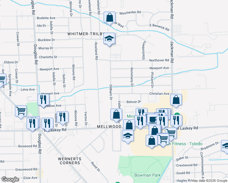 map of restaurants, bars, coffee shops, grocery stores, and more near 2040 Christian Avenue in Toledo