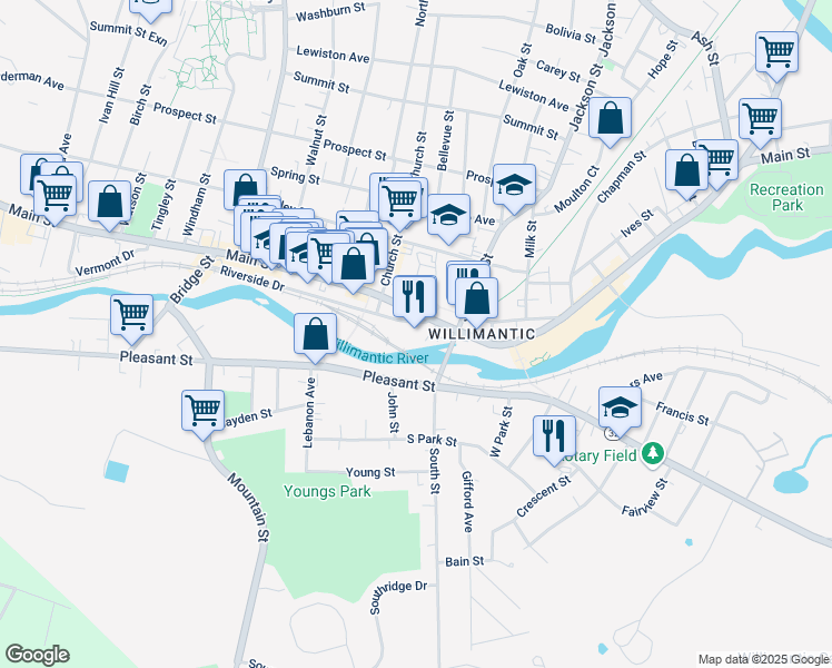 map of restaurants, bars, coffee shops, grocery stores, and more near 600 Main Street in Windham