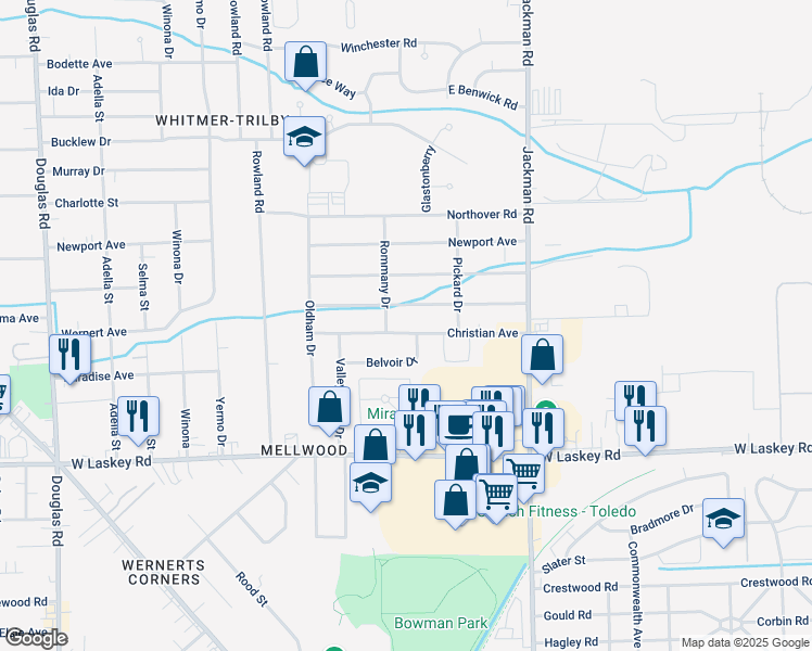 map of restaurants, bars, coffee shops, grocery stores, and more near 1908 Christian Avenue in Toledo