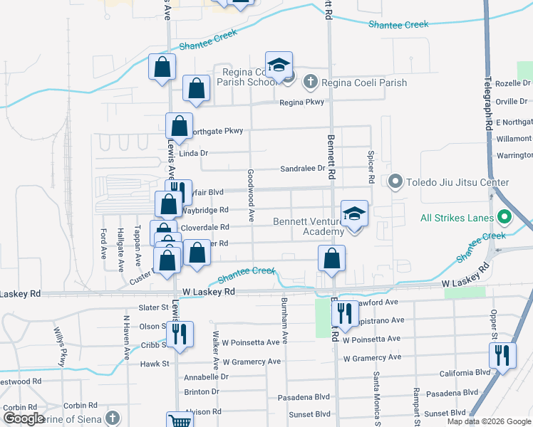 map of restaurants, bars, coffee shops, grocery stores, and more near 703 Waybridge Road in Toledo
