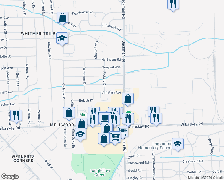 map of restaurants, bars, coffee shops, grocery stores, and more near 1754 Christian Avenue in Toledo