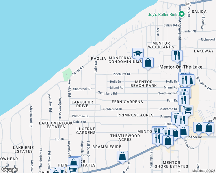 map of restaurants, bars, coffee shops, grocery stores, and more near 5913 Suwanee Drive in Mentor-on-the-Lake