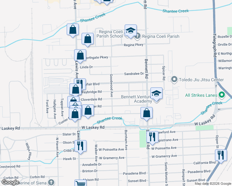 map of restaurants, bars, coffee shops, grocery stores, and more near 703 Waybridge Road in Toledo