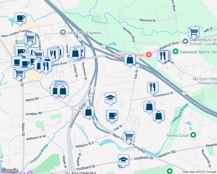 map of restaurants, bars, coffee shops, grocery stores, and more near 88 Benton Lane in Glastonbury